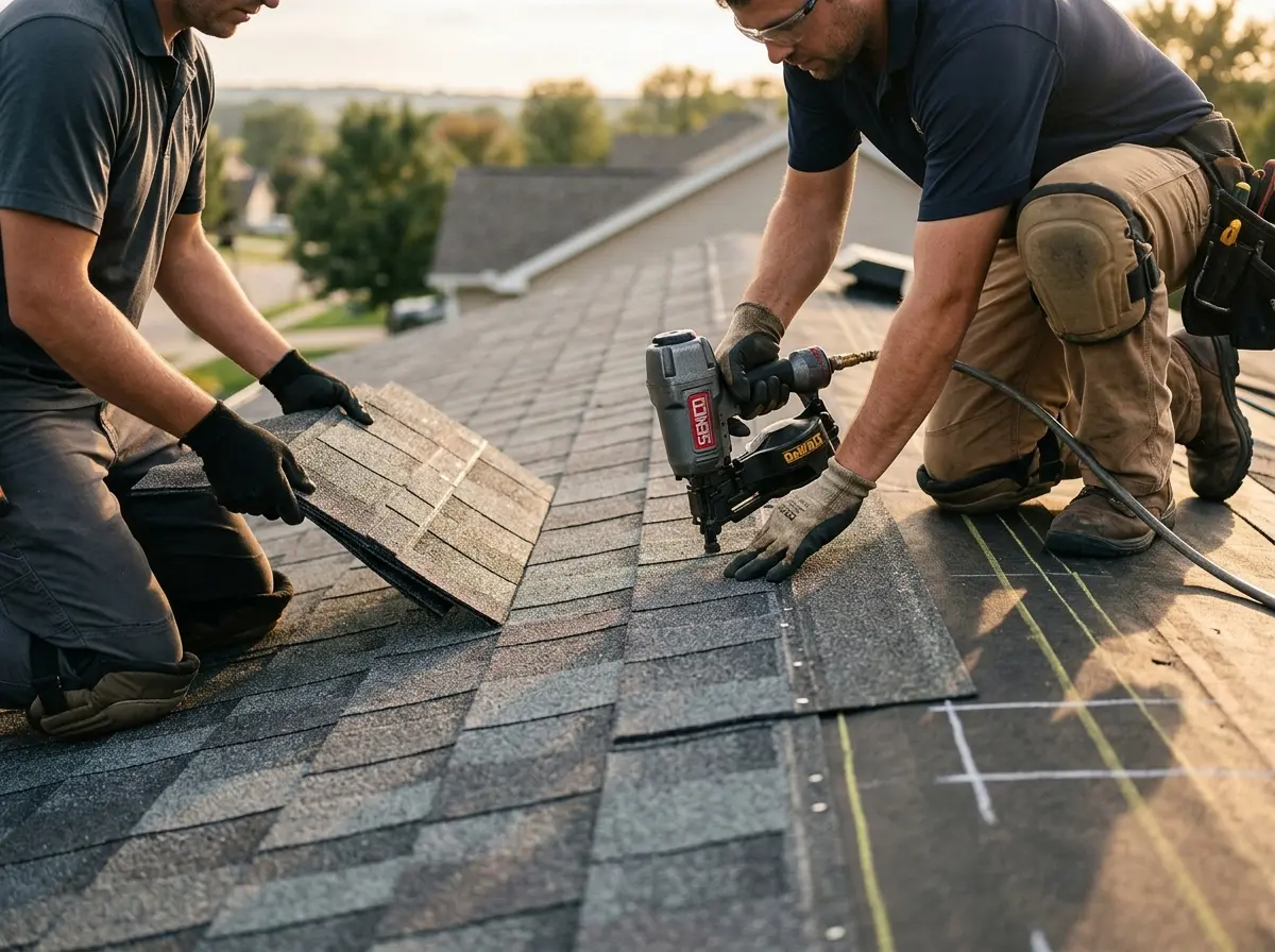 Professional roofer working on a residential roof in Hartford